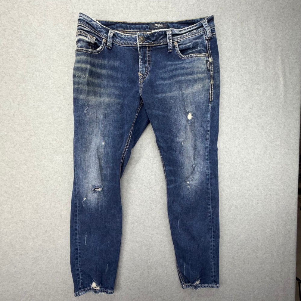Silver Jeans Co Sam Mid Rise Slim Boyfriend Distressed Blue Denim W31 L27‎